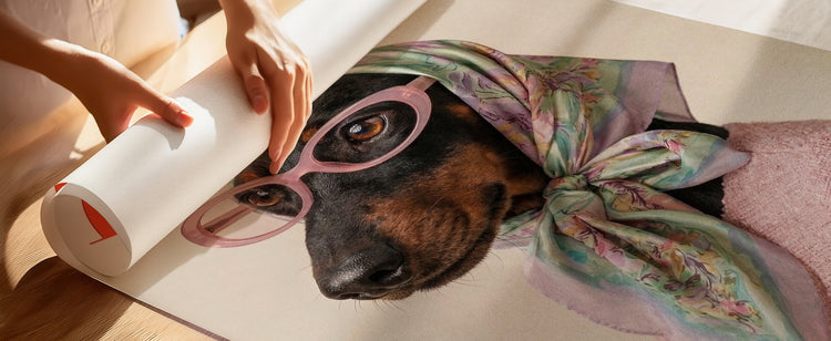 Close-up of a personalised DOGUE portrait print being unrolled