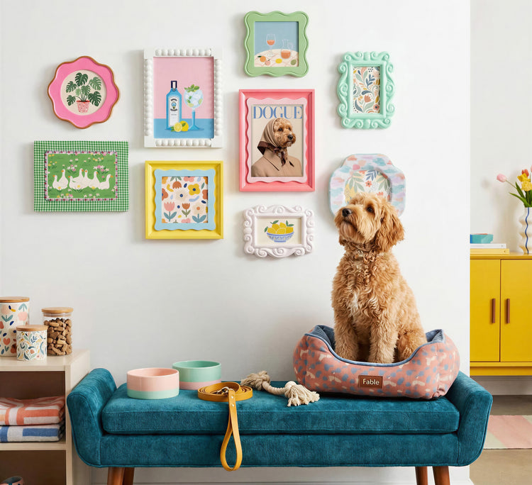 A framed personalised DOGUE portrait on a colourful gallery wall above a dog on its bed